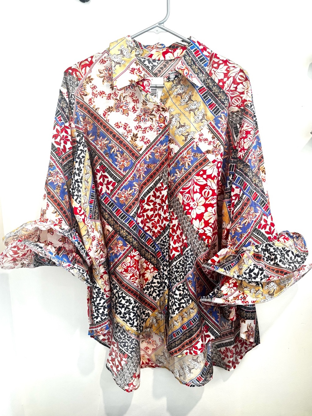 NWT CB Label Garden Mosaic Italian Tencel Ruffle Bell Sleeve Blouse OS